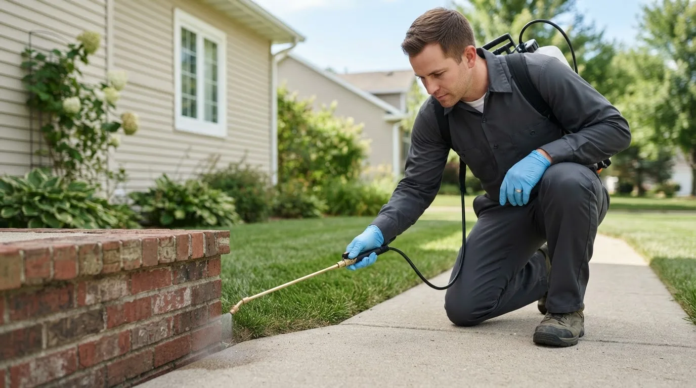 Pest control technician treating a home near Janesville, IA