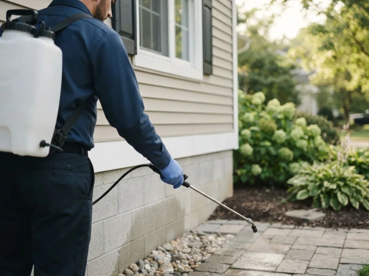 Pest control technician inspecting a home in Janesville, IA